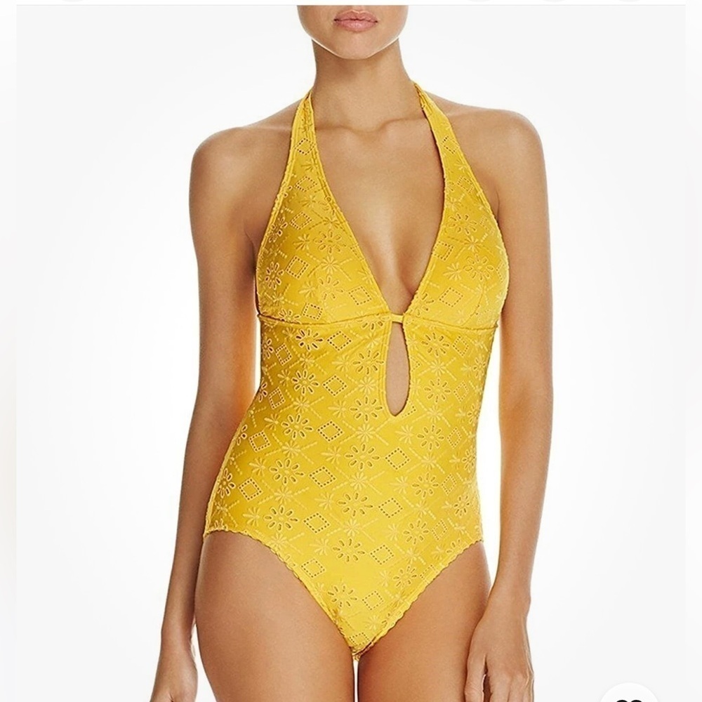 Kate Spade New York Embroidered Halter Plunge One Piece Swimsuit vacation beach